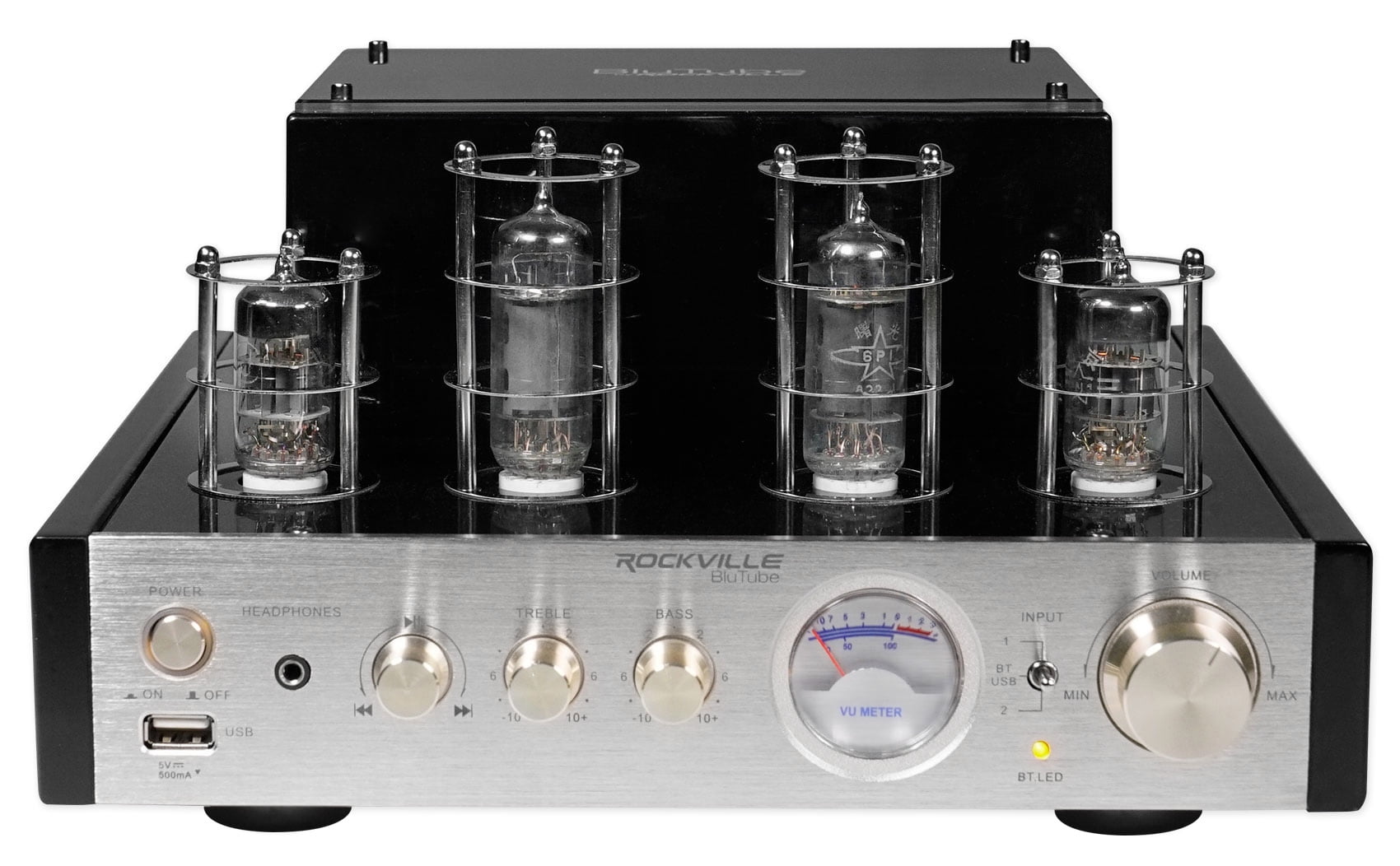 Rockville BluTube Bluetooth Tube Amplifier+Wood Bookshelf Speakers+Stands+Sub