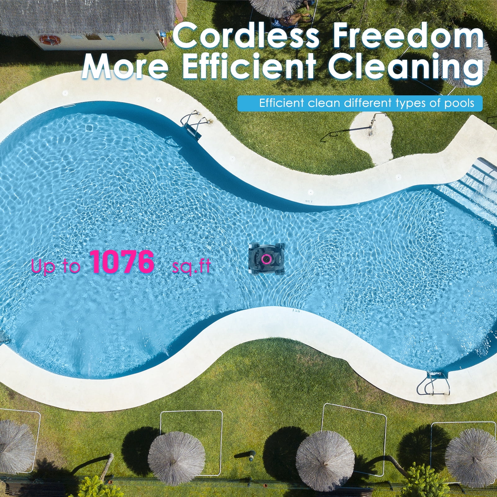 RoboKleen RK-X1 Cordless Robotic Pool Cleaner, Wall Climbing for Inground Pool and Above Ground Pool, Lightweight, 2700 GPH Suction, 8L Large Capacity,Pink