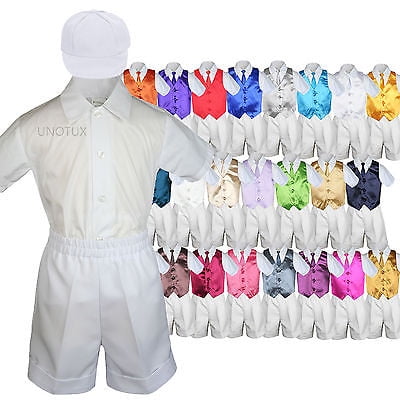 White Boy Toddler Formal Vest Shorts Suit Satin Vest Necktie Hat 5PC Set sz S-4T