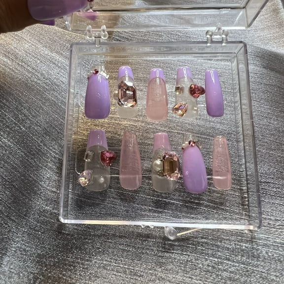 10pcs 3D Purple Pink Heart Rhinestone Translucent Reusable Glitter Handmade Press On Nails (M)