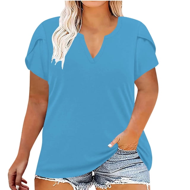 Tamaño Más Manga Corta Tops para las Mujeres Casual Color Sólido Suelto V-Cuello Tee, Poliéster Más Tamaño Blusa, Lavado a Mano Verano Casual Top