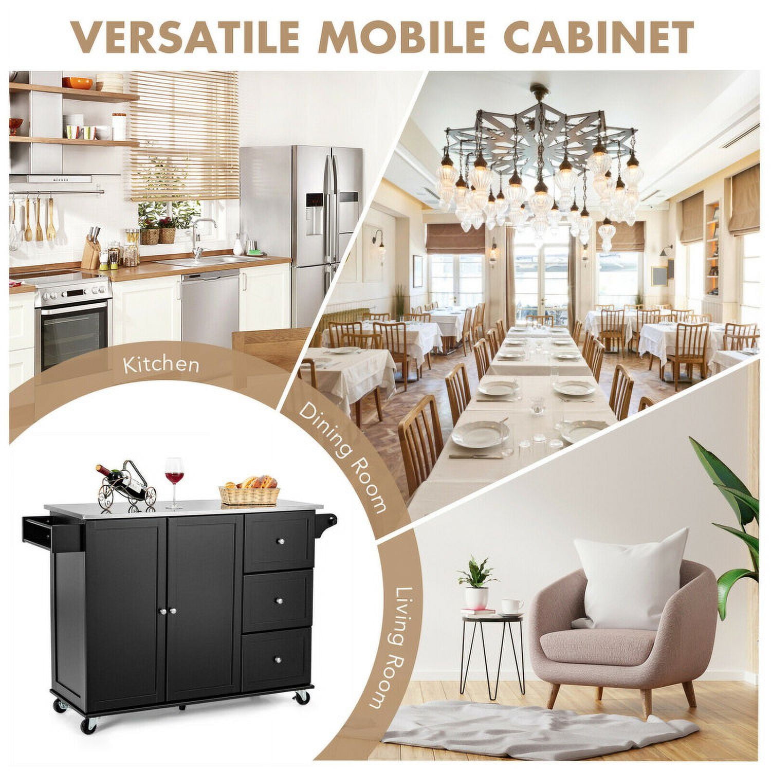Finihen Rolling Storage Cabinet Cart, Kitchen Island Cart, Kitchen Island 2-Door Storage Cabinet with Drawers and Stainless Steel Top, for Kitchen, Dining Room, Black Finihen Rolling Storage Cabinet Cart, Kitchen Island Cart, Kitchen Island 2-Door Storage Cabinet with Drawers and Stainless Steel Top, for Kitchen, Dining Room, Black