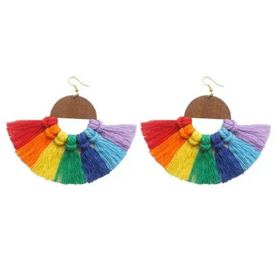Bohemian Rainbow Cotton Tassel Wood Earrings Baroque Statement Fashion Jewelry