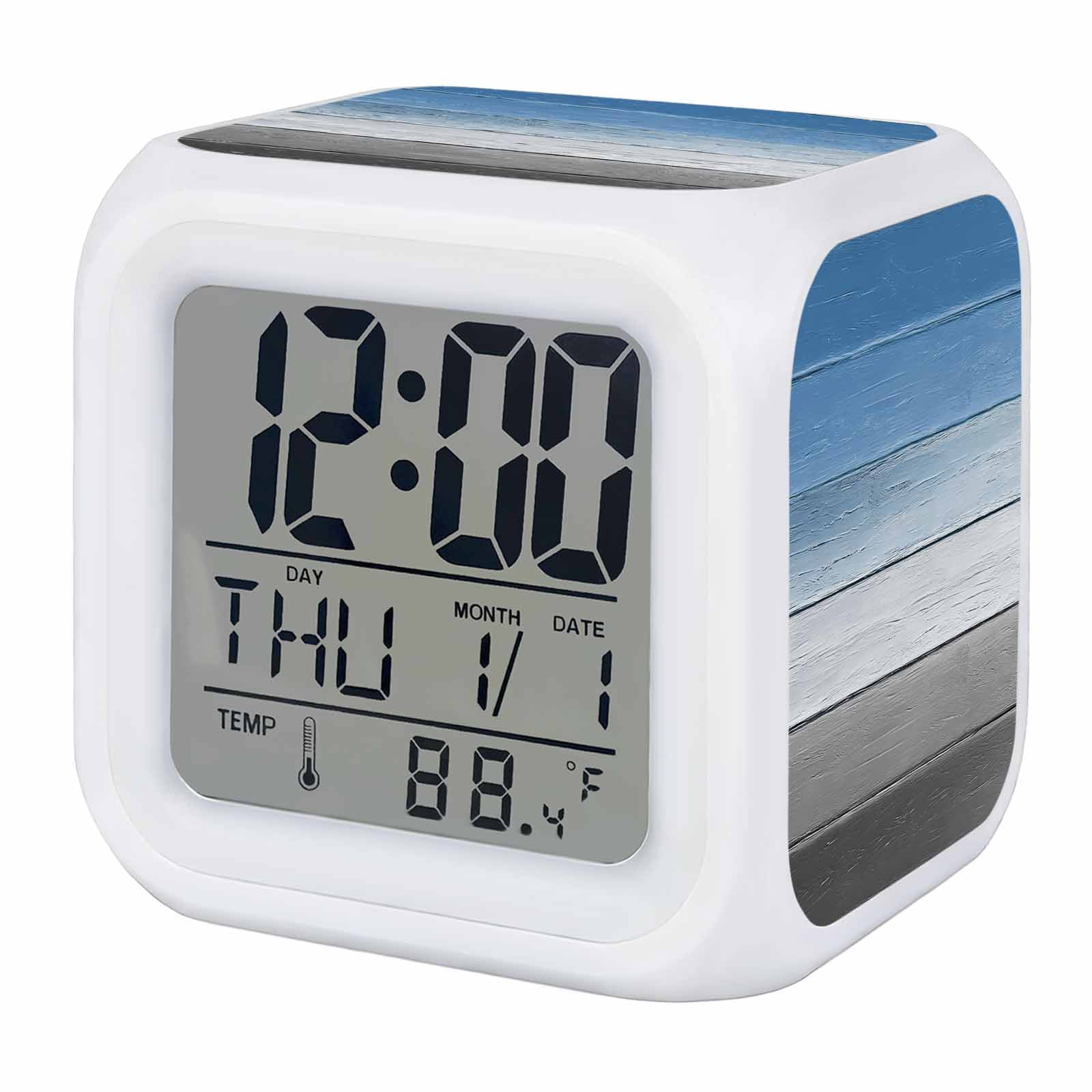 Alarm Clocks Blue Wood Grain Digital Clock 7 Color LED Night Light Silent Non-Ticking Battery Operated Grey Gradient Wooden Cube Clocks Decorative for Bedroom Bedside Living Room Office School Decor