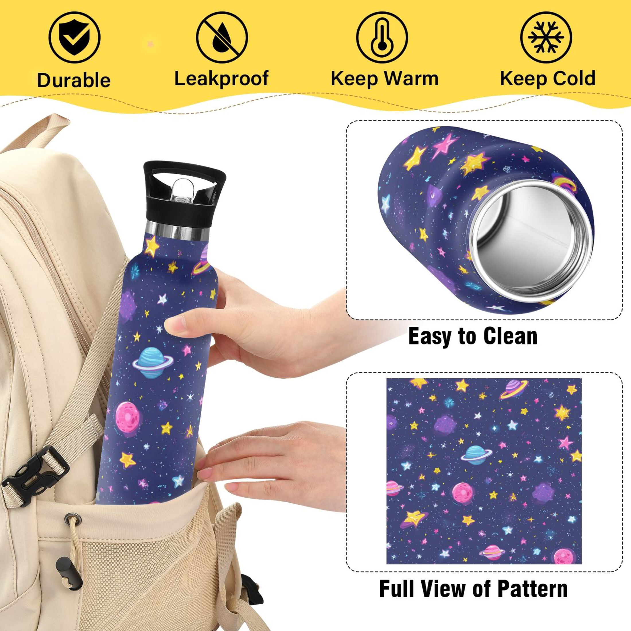 Kids Insulated Stainless Steel Sports Water Bottle 600ml Colorful Stars and Planets Pattern