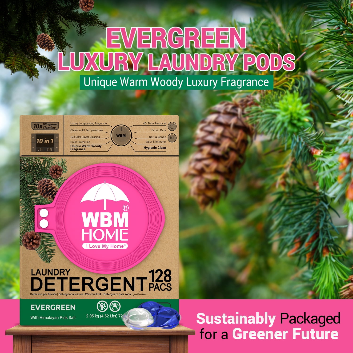 WBM HOME Laundry Detergent Pods, Liquid, Evergreen Scent, Ultra-Concentrated, 128 Count