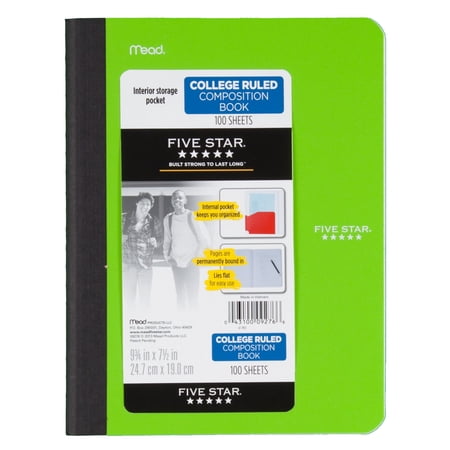 Five Star Poly Comp Book with Pockets, 975" x 75", Lime, 100 Pages