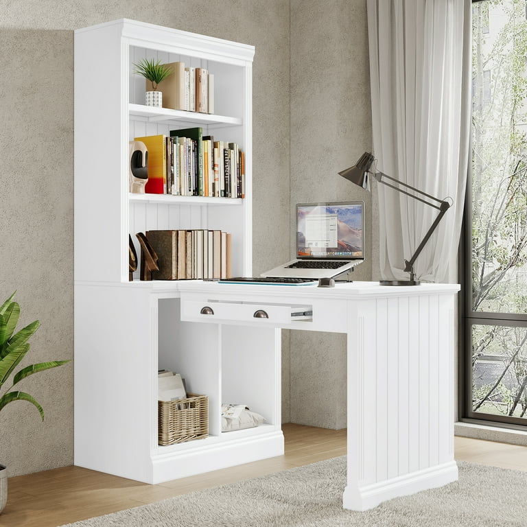 Churanty Tall Bookshelf with Writing Desk White Wooden Storage Bookcase with Study Desk Workstation with Open Shelves and LED Lighting for Home Office Walmart