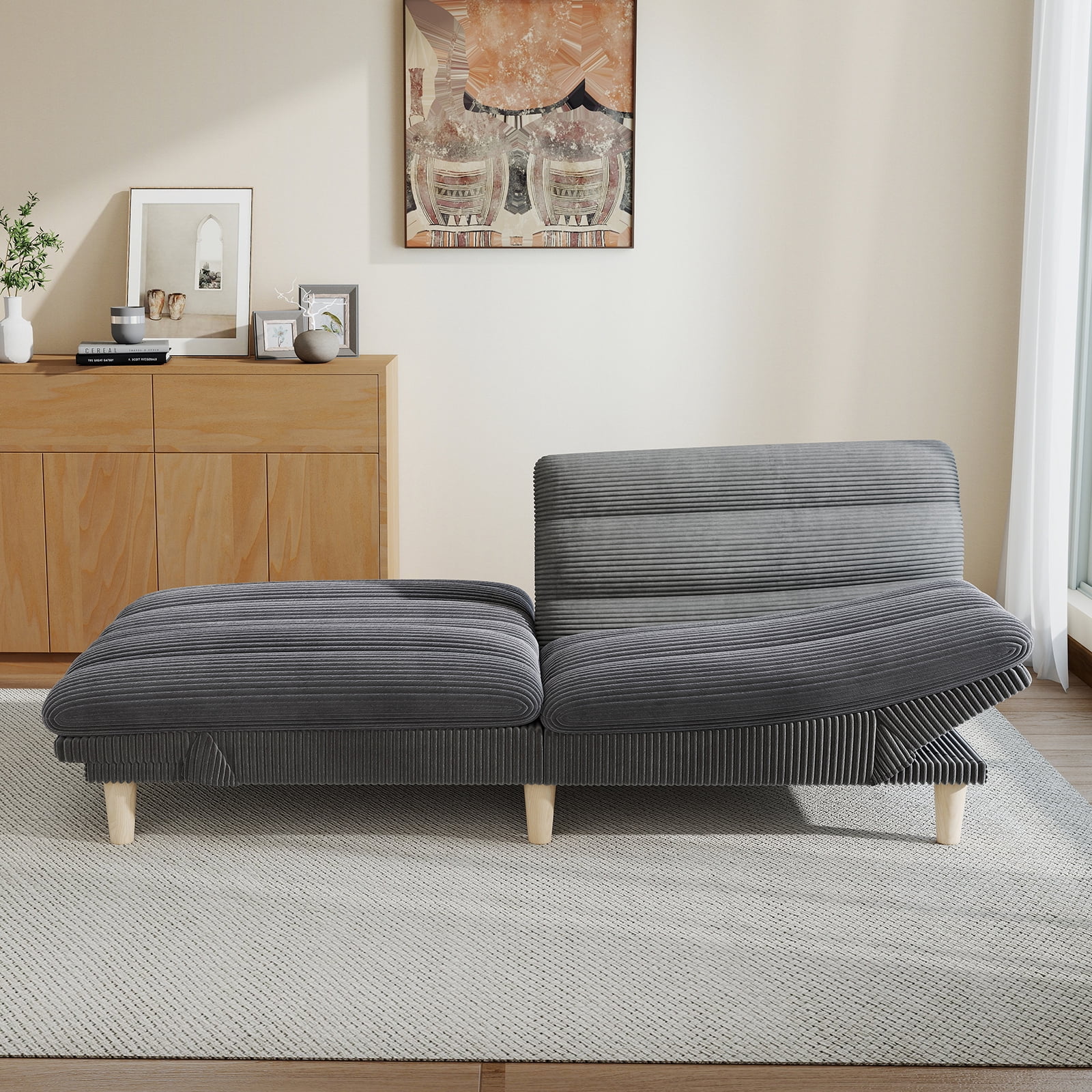 Ebello Convertible Futon Sofa Bed, Fabric with 3-Position Reclining Backrest and Adjustable Armrests for Living Room Apartment Office, Gray