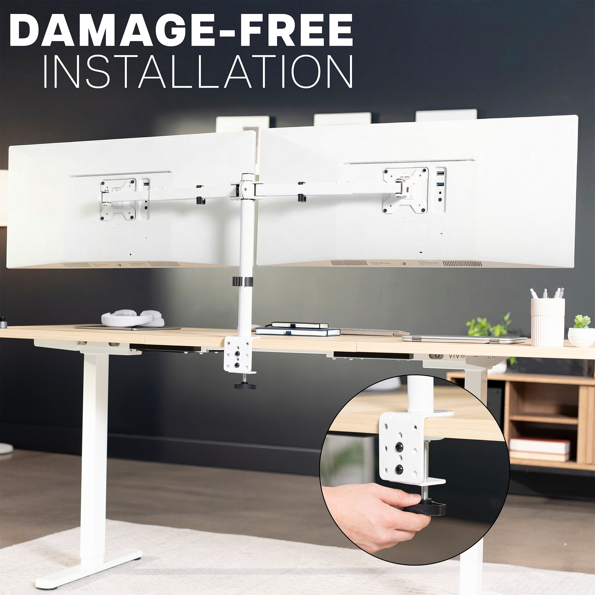 VIVO White Telescoping Dual Ultrawide 27" to 38" Monitor Heavy Duty Desk Mount