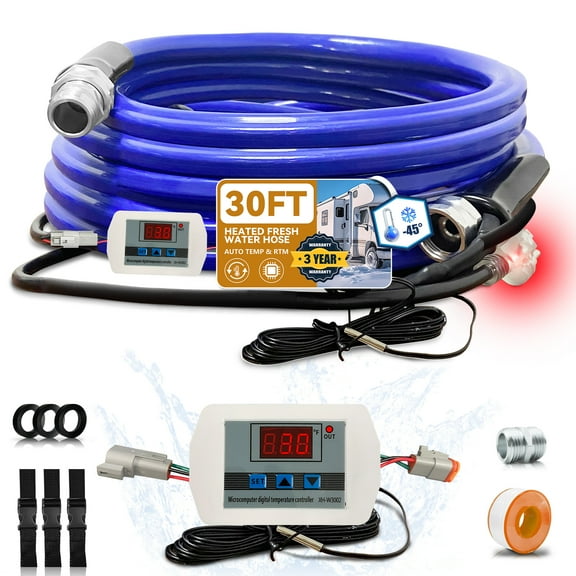 OEBLD Heated Water Hose for RV 30’, Replaceable Digital Display Thermostat, Freeze Protection Down to -45℉, Camper Garden Hose Heater