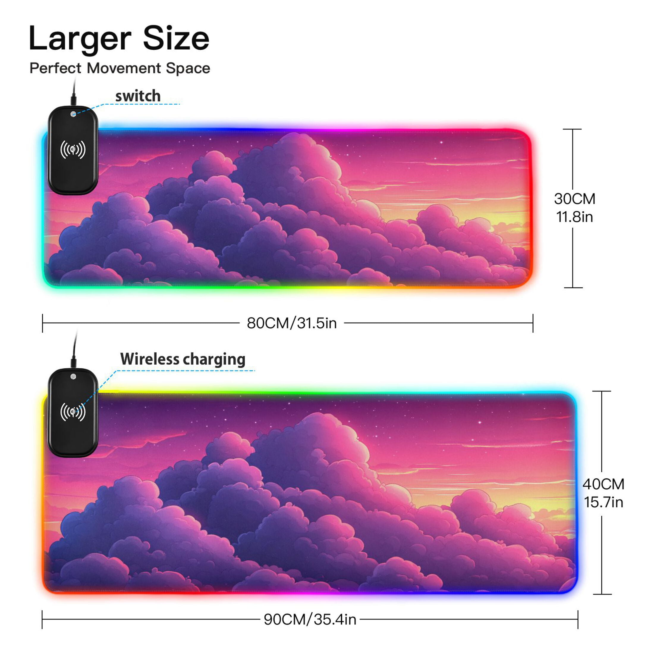 Purple Clouds Cartoon Wireless Charging RGB Gaming Mouse Pad Large Keyboard Mat Rubber Base 13 Light Modes