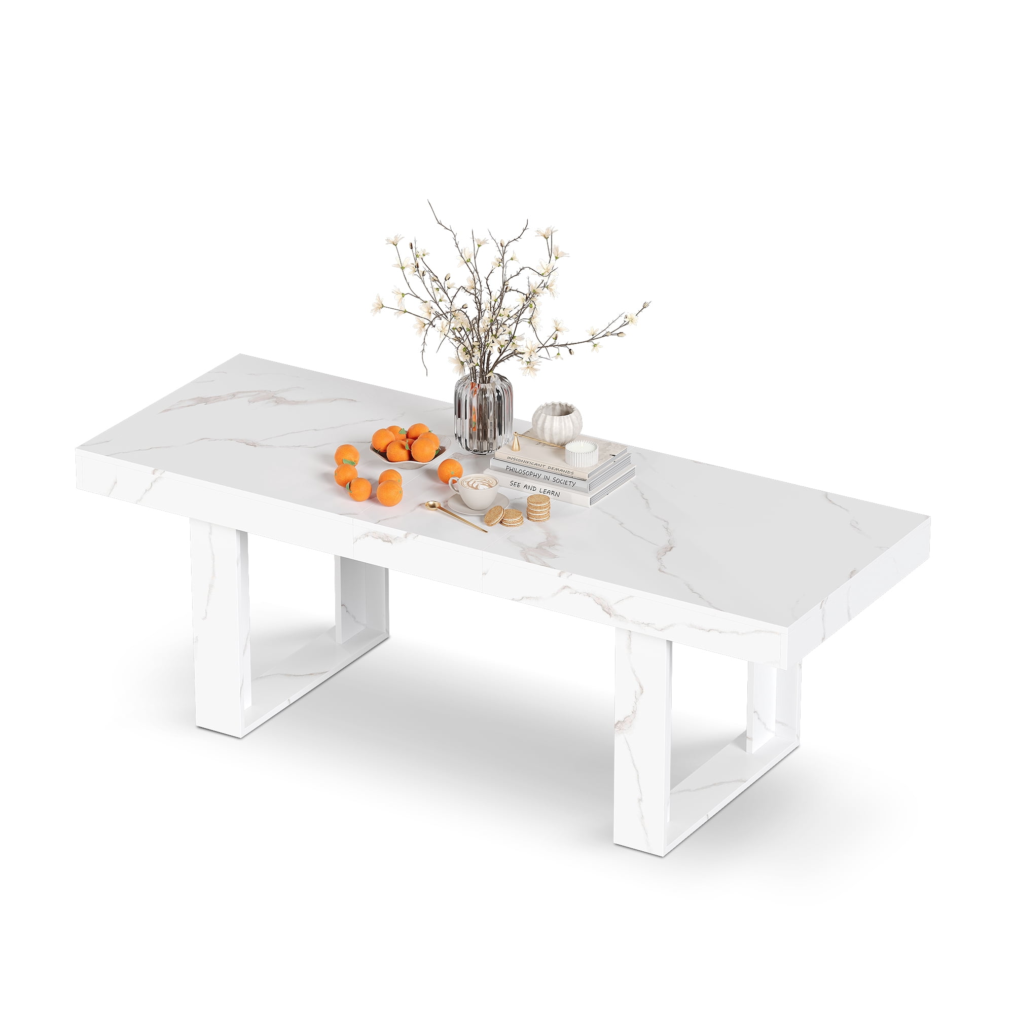 Coewske 70.9''-86.6'' Wooden Extendable Dining Table Kitchen Expanding Table w/Faux Marble Tabletop White
