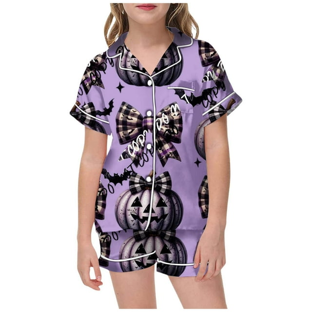 Ediodpoh Halloween Girls' Summer Outfits - Two Piece Set Featuring Short Sleeve Button Down Tops with Patterns Paired with Comfortable Shorts for Kids Casual Wear Kids Casual Set Purple 6-7 Years