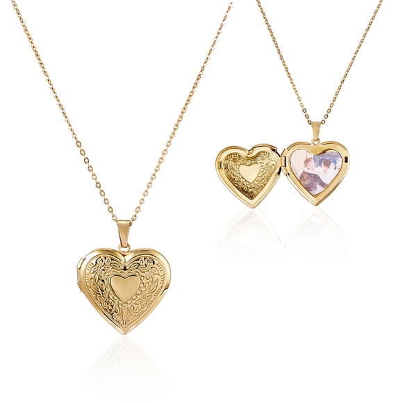 2pcs 316 Surgical Stainless Steel Heart Photo Locket Pendant Cable Chain Necklaces for Women Golden 17.72 inch(45cm) Long+47mm Extender