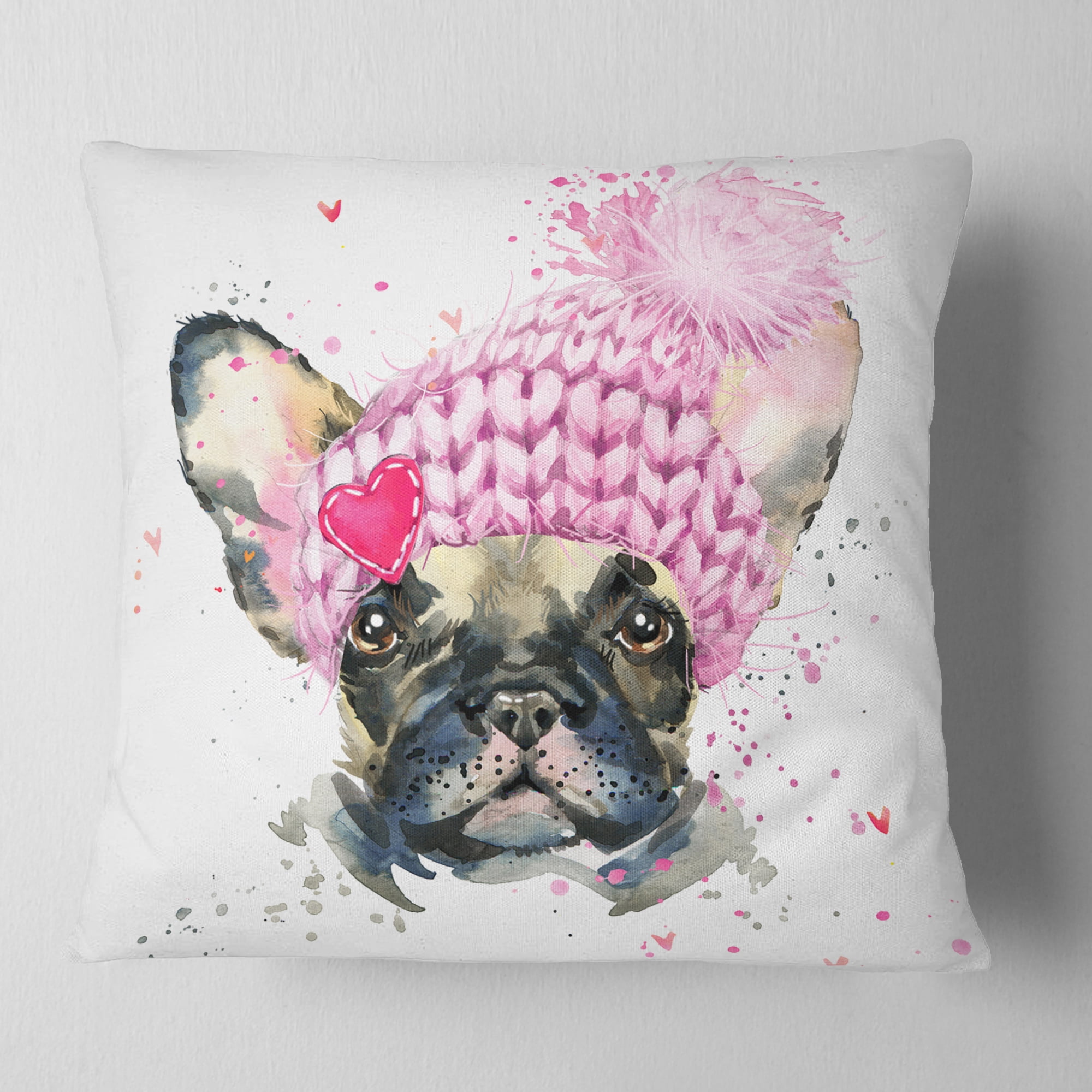 Designart French Bulldog with Pink Hat - Contemporary Animal Throw Pillow - 18x18