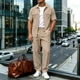 thumbnail image 2 of Bpyeka Men's Linen-Look Cargo Matching Set, Button Down Collar Short Sleeve Shirt With Flap Pockets & Drawstring Waist Pants, Workwear Two-Piece Outfit, S-3XL, 2 of 6