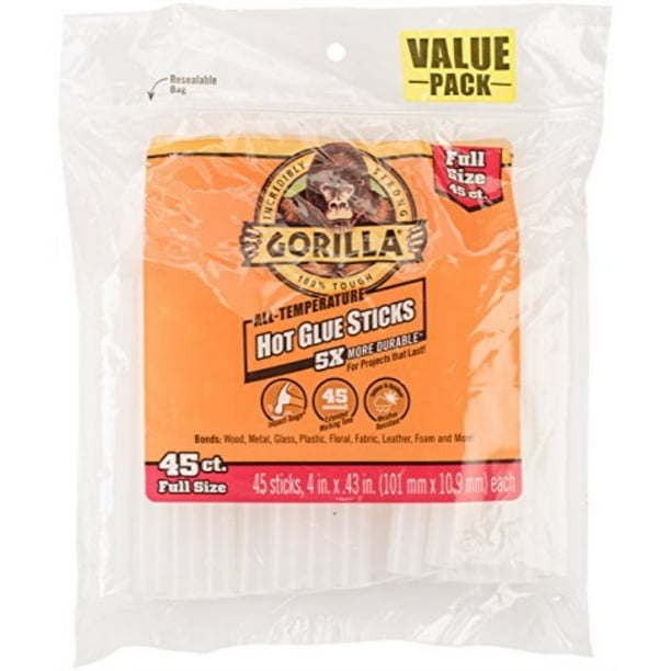 Gorilla Hot Glue Sticks, Full Size, 4" Long x .43" Diameter, 45 Count, Clear, (Pack of 1