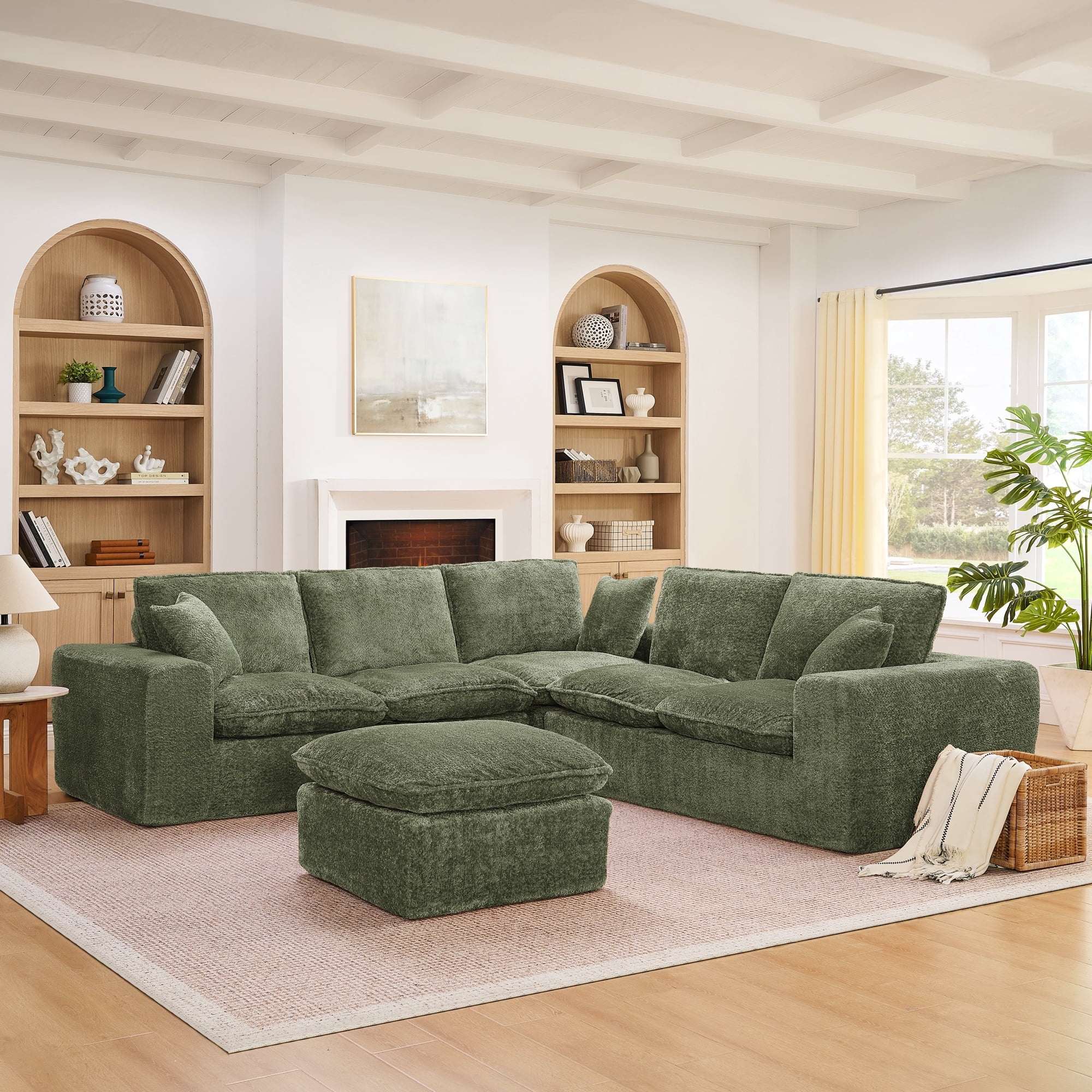 107" Modular 6 Seats Sectional Sofa Boucle Cloud Couch L Shape with Ottoman Deep Seat Comfy Living Room Sofa with Pillows, No Assembly, Green