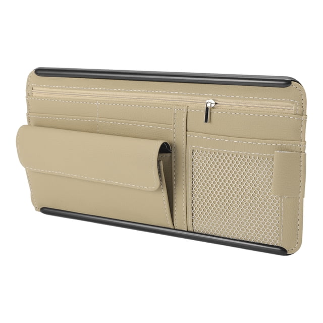 Estuche para gafas de sol de coche Unique Bargains, soporte universal para gafas de sol en el parasol del coche, caja de almacenamiento de cuero PU, ABS, beige 31x16.5cm 1 pieza