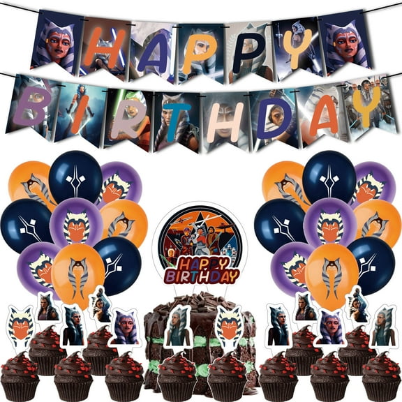 32 Pcs For Ahsoka Tano Theme Birthday Party Decorations,With 13 Cupcake Toppers,1 Happy Birthday Banner Garland,18 Balloons for Party Decorations