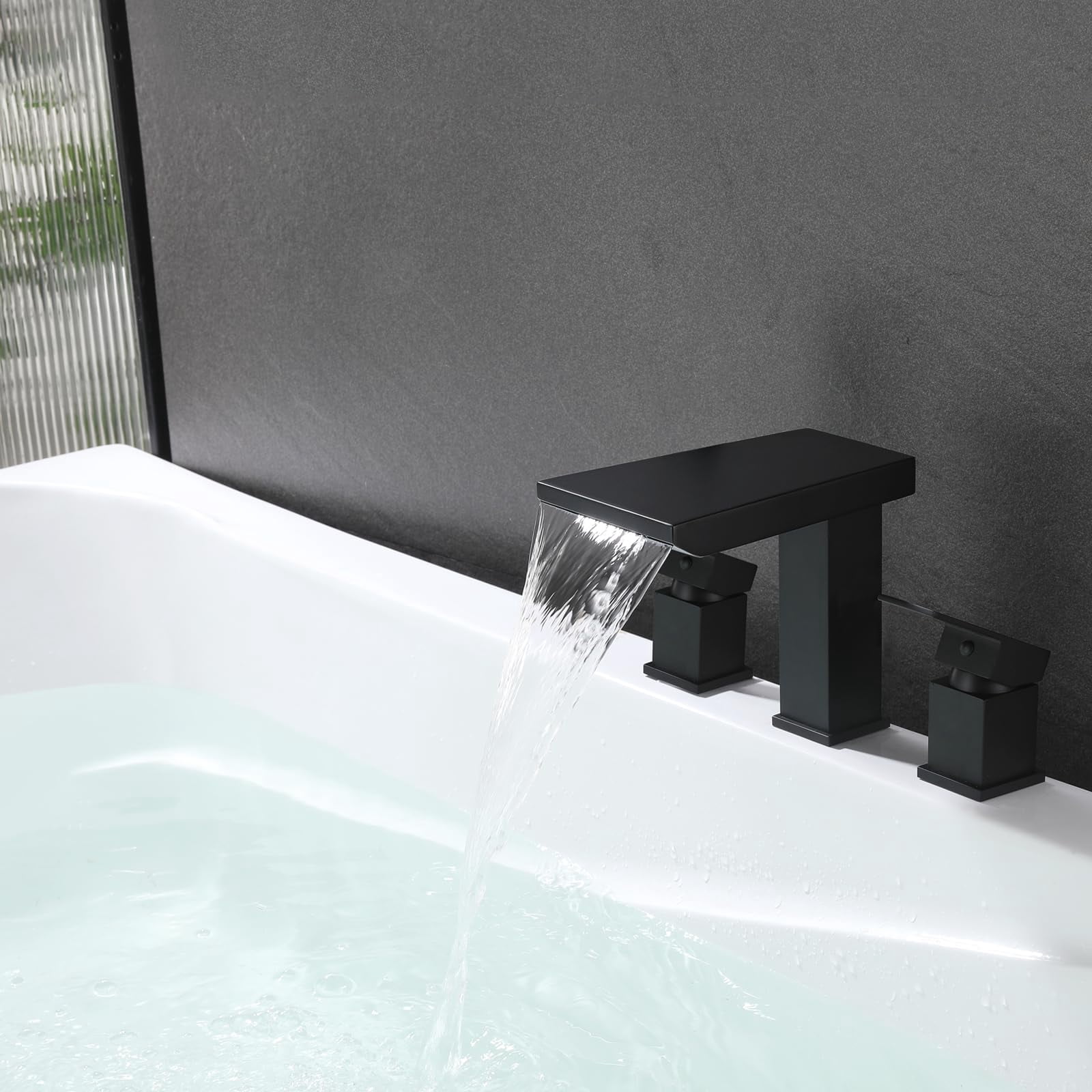 Waterfall Roman Bathtub Faucet Black Brass 3 Holes Deck Mount