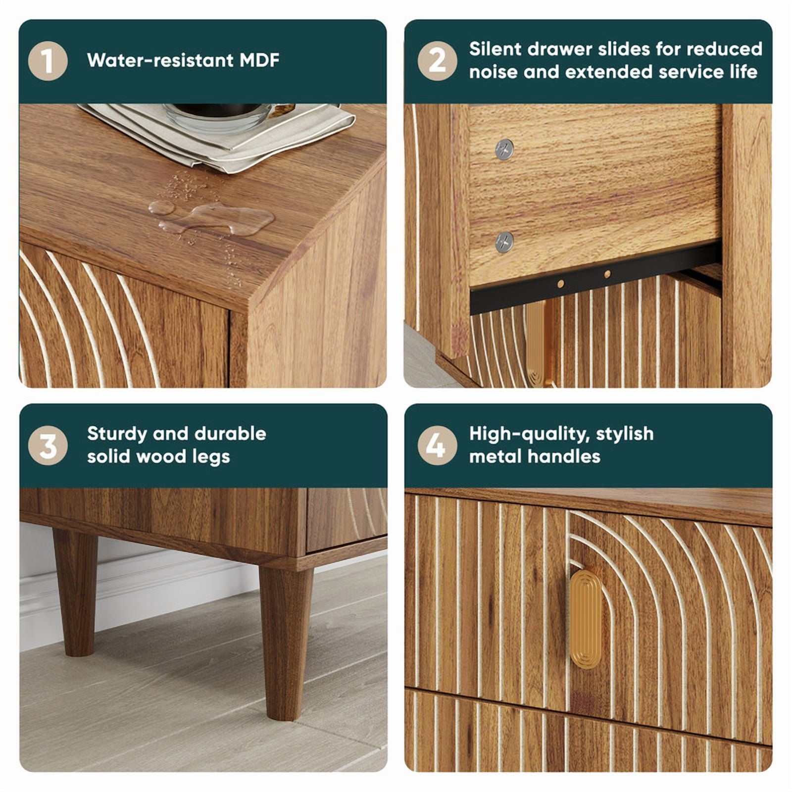 1-Piece Wooden Nightstand with 2 Drawers & 2 Handles, Bedside Storage Table Small Cabinet with 4 Legs