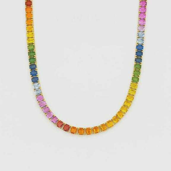 Emerald cut Rainbow Sapphire bezel set tennis necklace gold Plated, emerald cut Sapphire tennis necklace gold, tennis necklace gold Plated