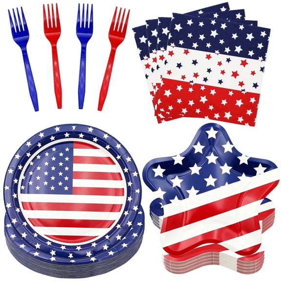 96PCS 4th of July Tableware Set for 24 Guests, Patriotic Paper Plates Napkins and Forks, Disposable Party Supplies for BBQ Picnic