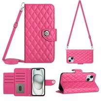 Crossbody Wallet Case for iPhone 15 Plus RFID Blocking Elegant Premium Leather Purse with Credit Card Holder, Shoulder Strap Kickstand Handbag Flip Cover For iPhone 15 Plus, Rose
