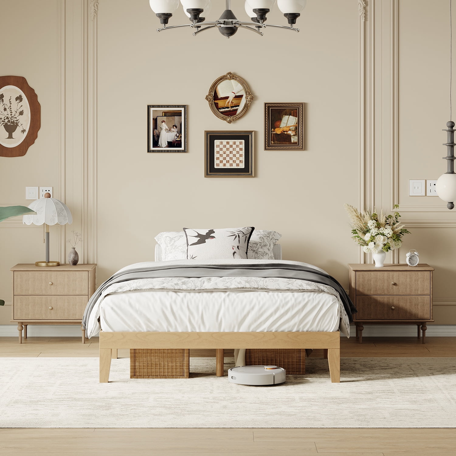 EOP Full Size Bed Frame, Solid Wood Bed Frame with Under Bed Storage, Platform Bed Frame with Wooden Slats, No Box Spring Required, Pine