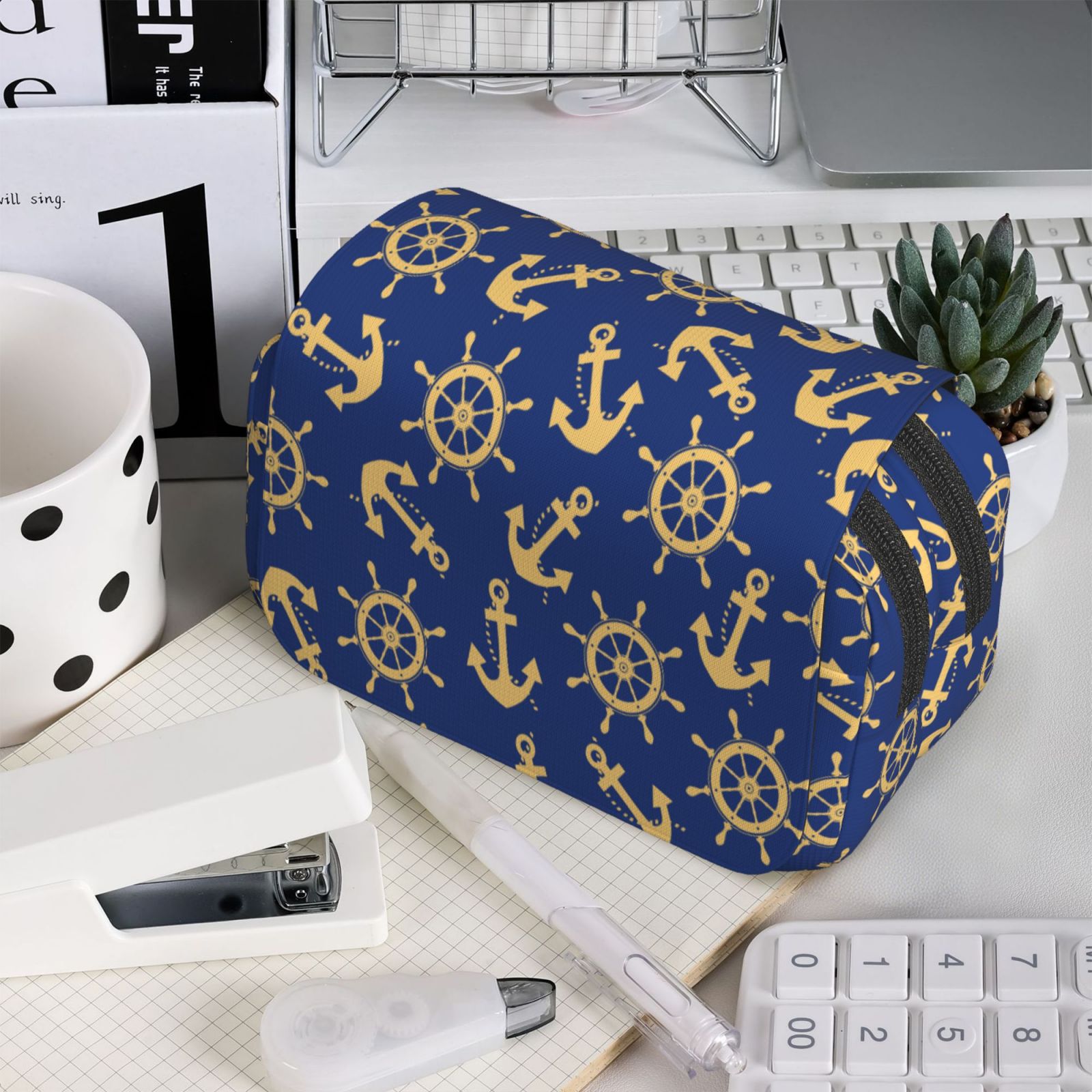 Rateoe Anchors and Nautical Pattern Double Clamshell Pen Case, Storage Organizer with Two Zipper Compartments– Holds Up to 50 Pencils & Pens