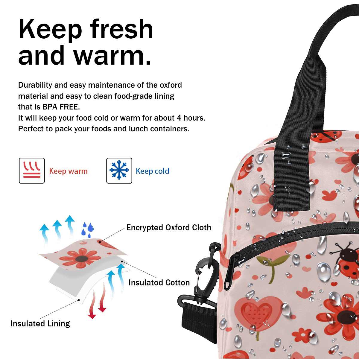 Herdesigns Cute Ladybugs Insulated Lunch Bag for Women Men Adults Large Reusable Lunch Box Flower Ladybugs Leakproof Cooler Tote Bags with Adjustable Shoulder Strap