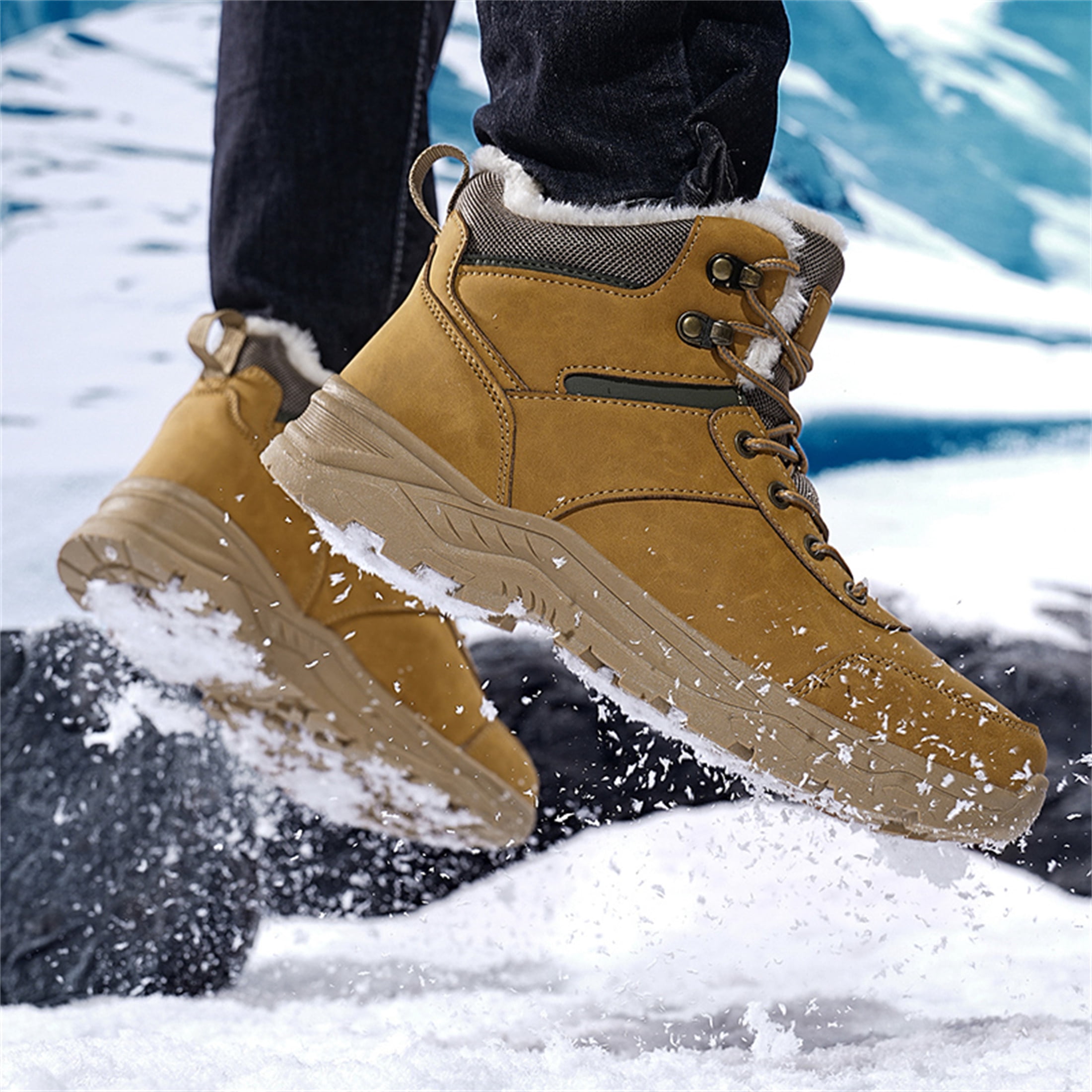 YOURDIARY Men's Ankle High Waterproof Hiking Boots Outdoor Snow Boots Trekking Trails Shoes Faux Fur Lining