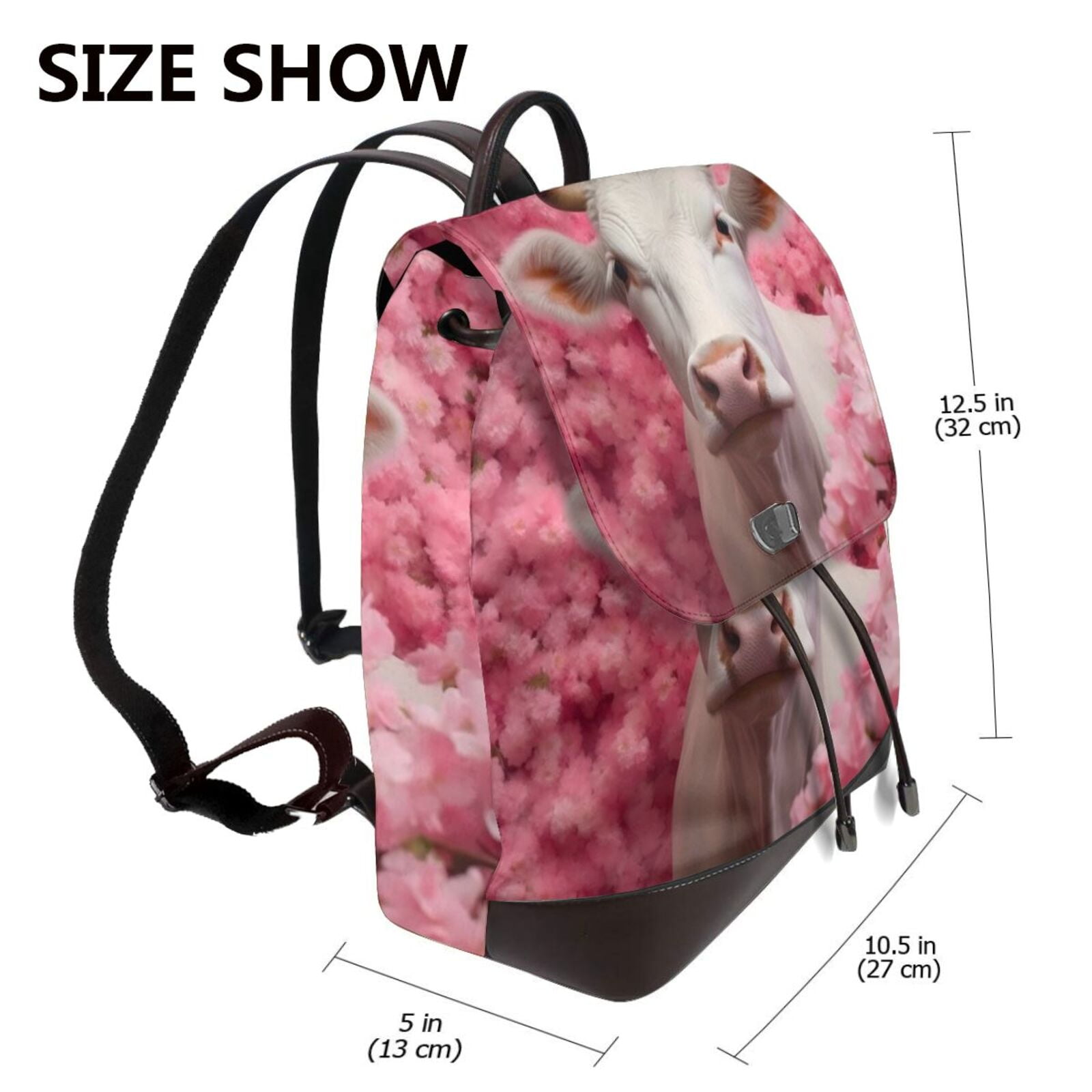 Xecao Flower White Cow Print Large Backpack Soft Leather for Women Travel with Compartment, Adjustable Convertible Strap