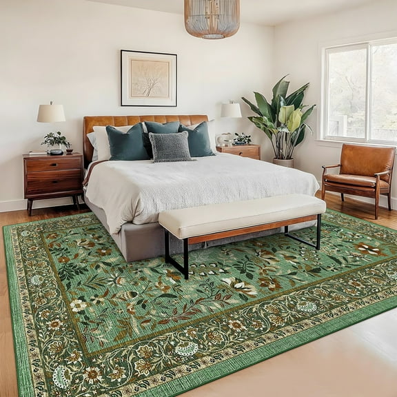 Hasoo Washable Living Room Area Rug 10x13 Large Modern Floral Soft Non Slip Indoor Light Green Carpet