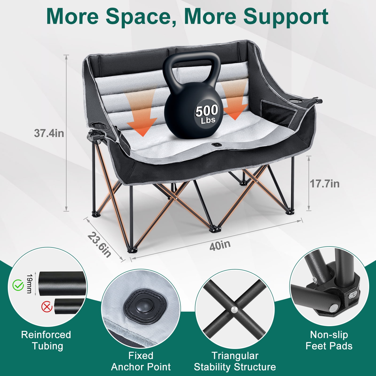 ABORON Oversized Double Camping Chair, Folding 2 Person Camping Chair Loveseat, Fully Padded Duo Chair Camping Couch, Portable Double Camp Chair, Lawn Chairs, Camping Bench with Carrying Bag