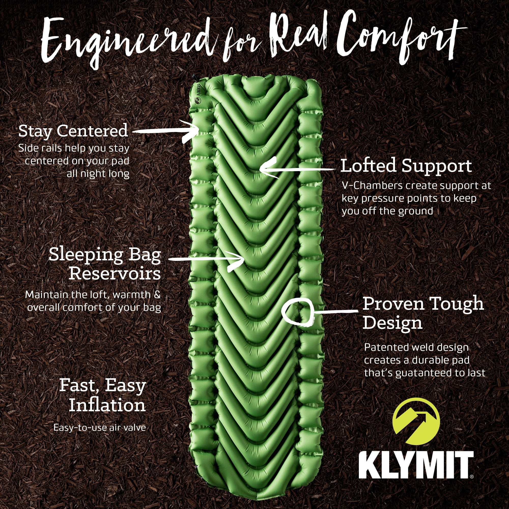 Klymit Static V Sleeping Pad Durable Camping Inflatable Mattress, Green