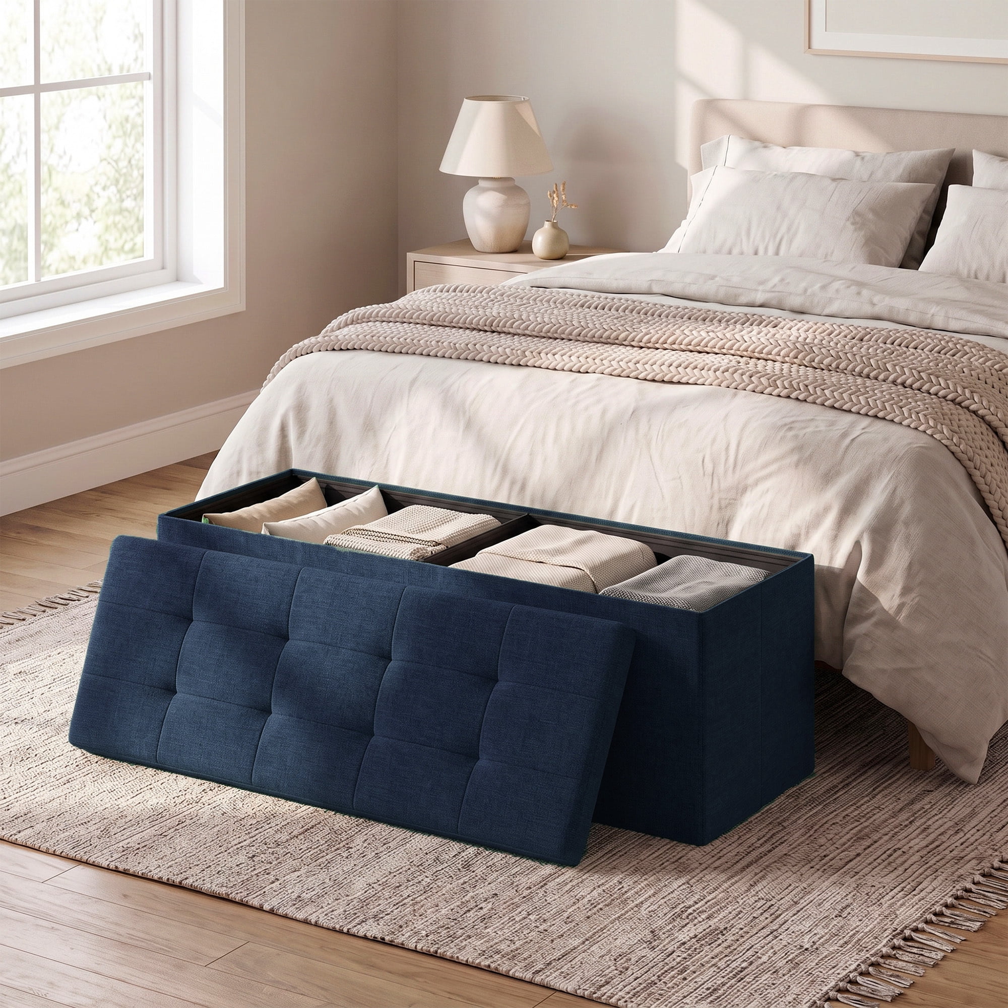 Ledrem Large Foldable Storage Ottoman Bench, 660lb Capacity, Footrest, Midnight Blue