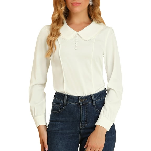 INSPIRE CHIC Women's Peter Pan Collar Keyhole Back Button Decor Long Sleeve Blouse XS White