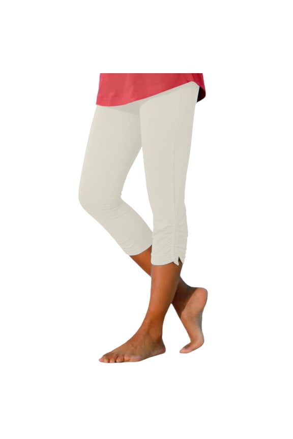 Women Leggings Cropped Elastic Waist With Drawstrings Trousers Soft Solid Color Ankle Length Gym Fitness Trousers
