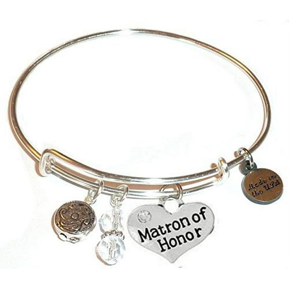 Hidden Hollow Beads "Matron of Honor" Message Charm Expandable Wire Bangle Bracelet, COMES IN A GIFT BOX!