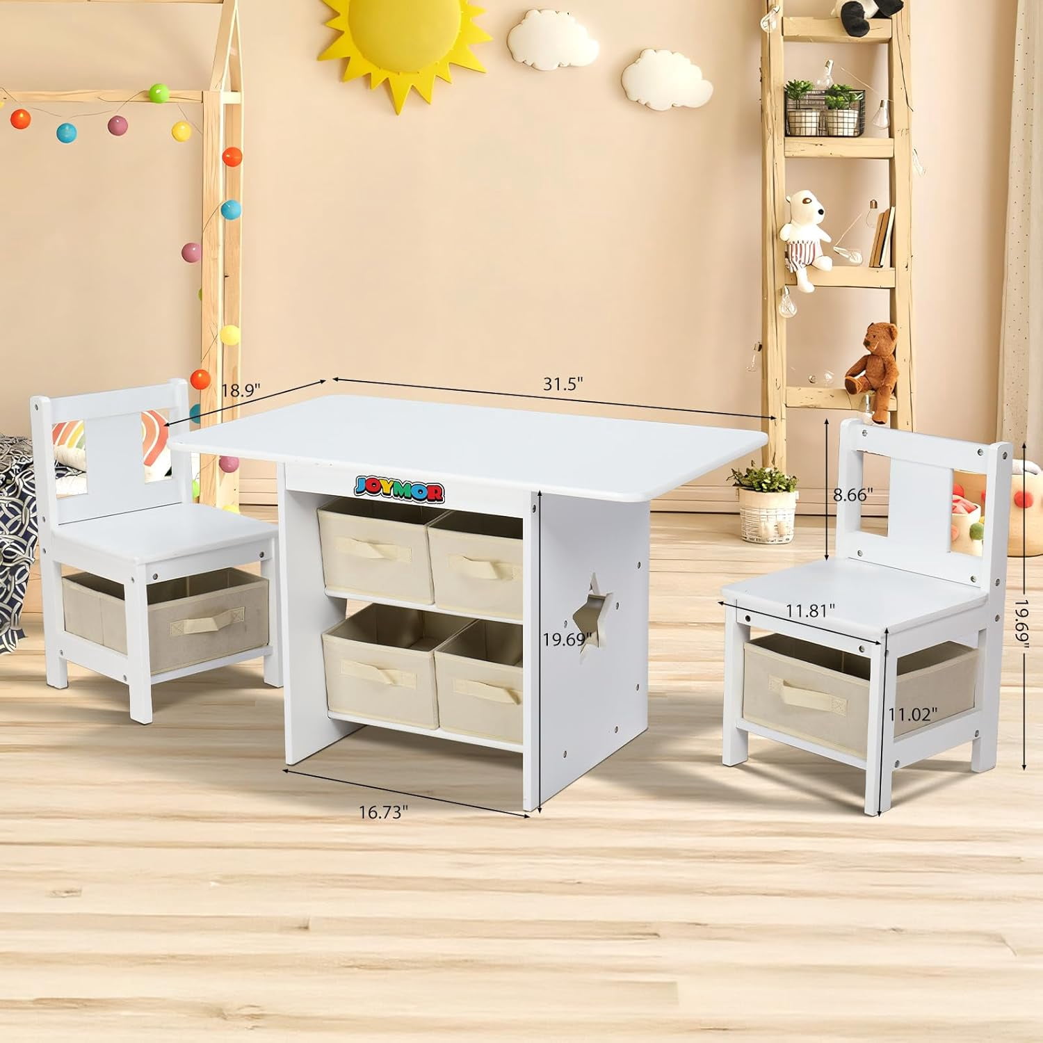 JOYMOR Kids Table and Chairs with Storage, 6 Drawers Toddlers Table and Chair Set- Ideal for 3-8 Years Old, Kids Activity Table for Art Crafts and Study, European Grade Wooden Table for Kids (White)