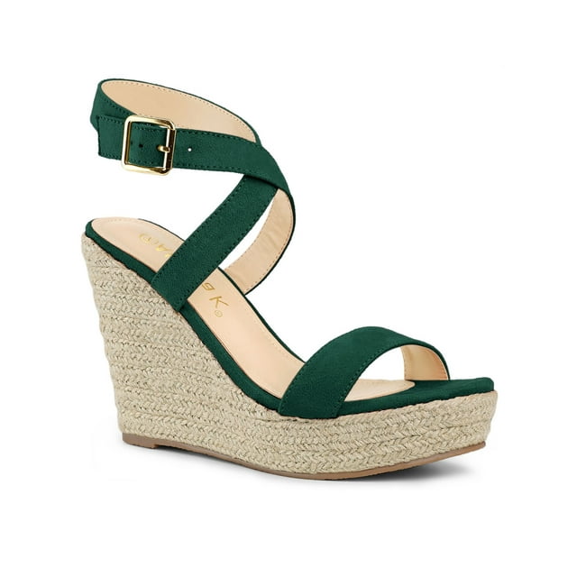 BLISSFUL STEP Chaussures pour Femmes Sandales Espadrilles à Talon Compensé Slingback à Brides Croisées Vert 7