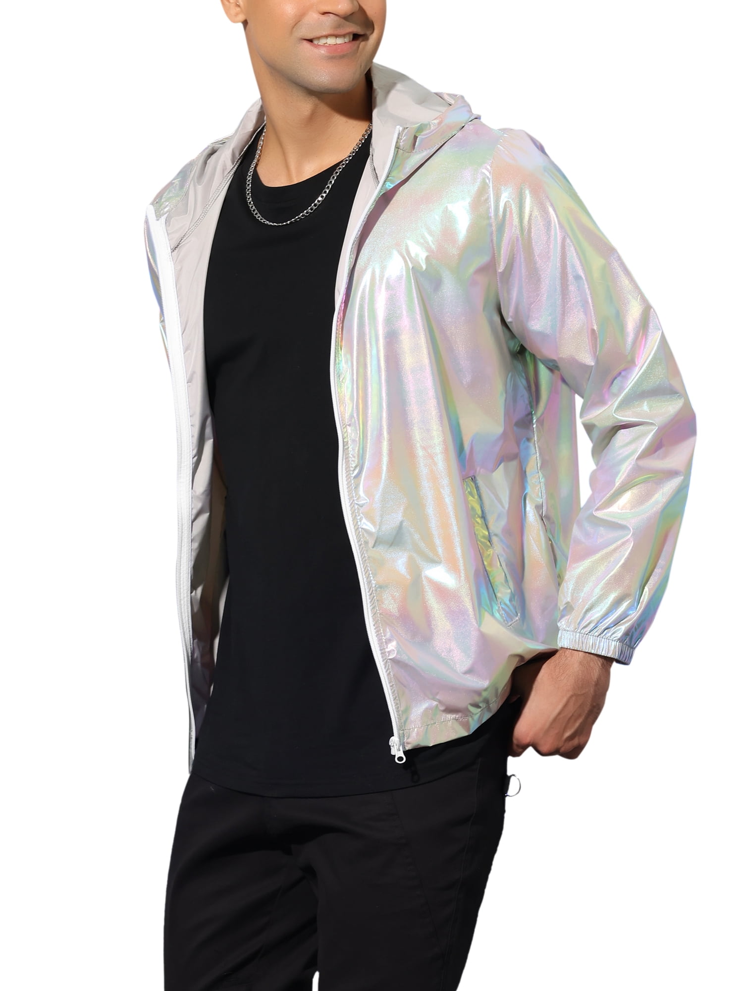 INSPIRE CHIC Men's Jacket Metallic Zip up Hooded Lightweight Holographic Shiny Jackets M Gray