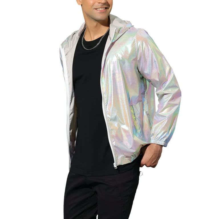 Unique Bargains Men's Zip up Hooded Metallic Lightweight Holographic Shiny  Jackets L Gray 