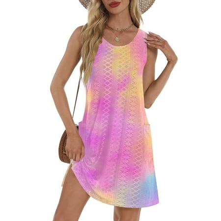 GXIPO Sleeveless Swim Dress for Women Swimwear Casual Summer Dresses for Women Tank Eyelet Plus Size Sundresses Bikini Beach Cover Up Casual Bathing Suit Cover Up with Pockets Pink L