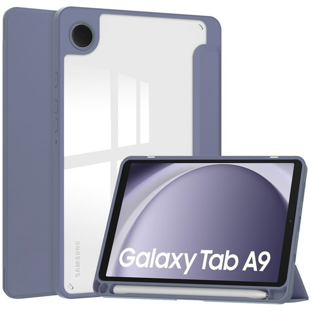 Slim Tri-Fold Transparent Tablet Cover for Samsung Galaxy Tab A9/A9 Plus - Features Pen Slot & Auto Wake/Sleep Function, Available in Smoked Purple, Perfect Fit for 8.7/11-Inch Models