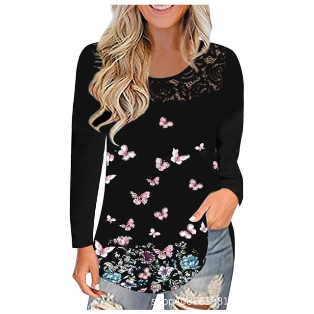 Camisas plisadas de encaje de manga larga para mujer Blusas de color con estampado floral Blusas tipo túnica Fridja ghj987+326