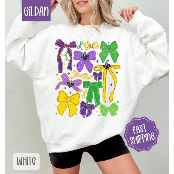 Mardi Gras Bows Sweatshirt, Coquette Mardi Gras Crewneck, season Women's Sweater, New Orleans Parade Sweatshirt, Cute Mardi Gras Sweater All Size S-5Xl